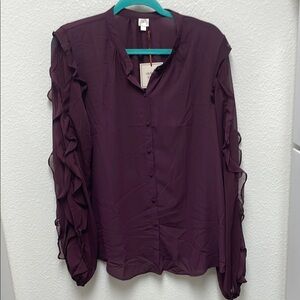 Autres Filles NWT XL Plum Semi Sheer Ruffle Sleeves Accent Button Up Dress Top
